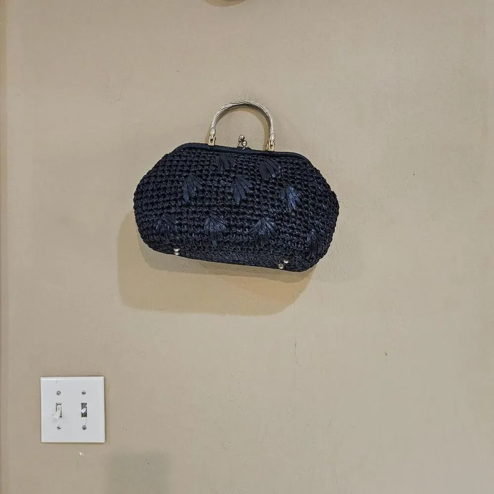 50s 60s cottagecore twee black raffia handbag made in italy - Picture 3 of 6